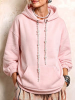 Women's Oversized Pink Hoodie with Faux Pearl Drawstrings