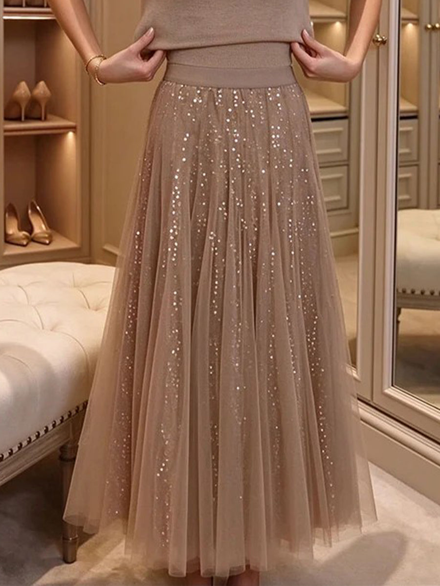 Glamorous And Elegant Sequin Tulle Midi Skirt With A Stretchy Elastic Waistband.