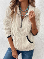 Half Zip Stand Collar Cable Fleece Long Sleeve Top