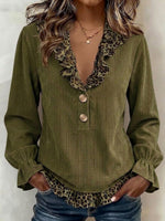 Leopard Ruffle Trim Corduroy Long Sleeve Blouse