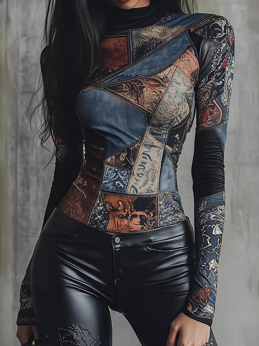 Women's Vintage Patchwork Print Long-sleeve Fitted Turtleneck Base Layer
