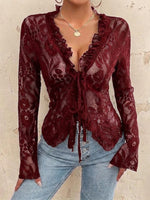 Long-sleeve Lace Shirt With V-neck And Tie-front Detail