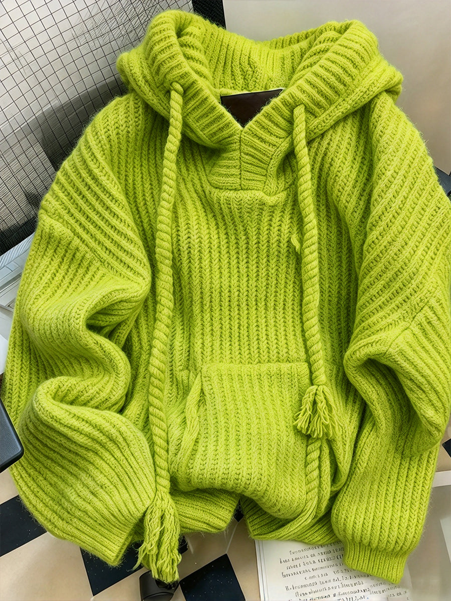 Cozy Chunky-Knit Tasseled Hooded Pullover