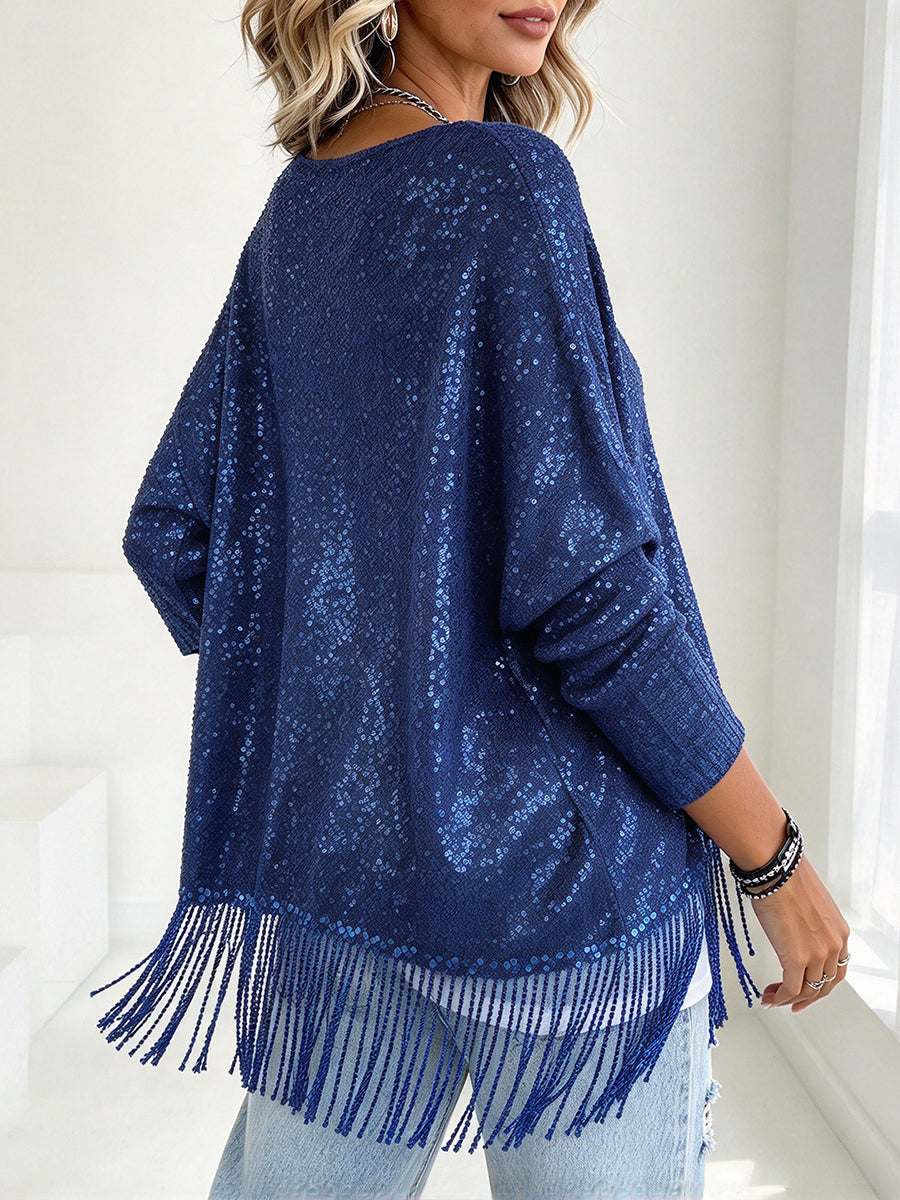 Chic Shimmer Knit V-neck Cardigan With Fringe