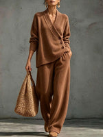 Women's Ribbed Knit Two-piece Lounge Set With Asymmetrical Buttons