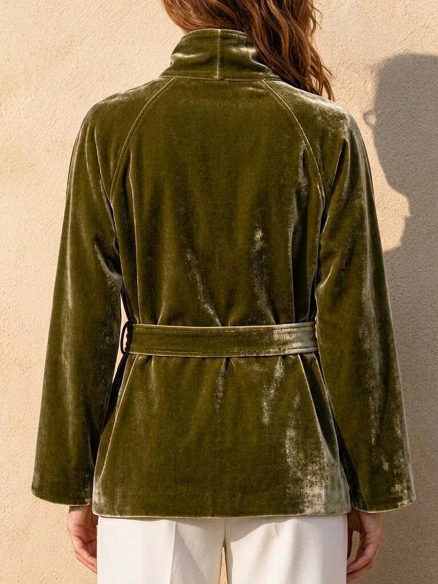 Women's Solid-color Loose-fit Velvet Jacket With Long Sleeves And A Slouchy Collar