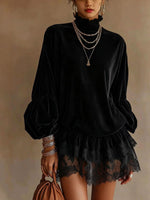 Women's Mock Neck Lantern Sleeve Tunic Top with Lace Patchwork Hem