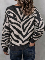 Bohemian Zebra-print Lace-up V-neck Knit Top