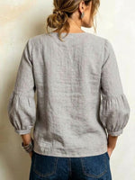 Lace V-neck Lantern-sleeve Top With Diagonal Button Closure