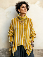 Chic Striped Asymmetrical Buttons Velvet Top