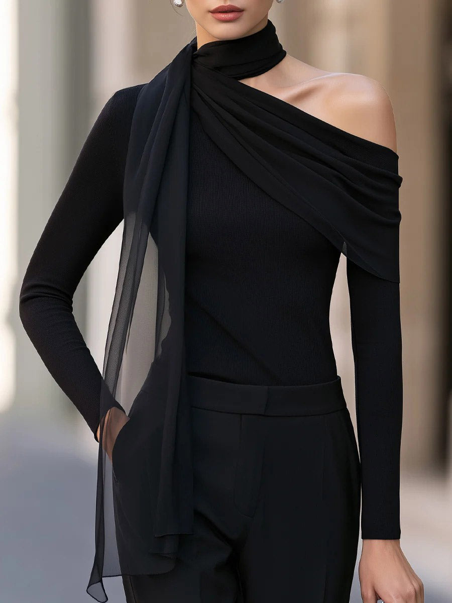 Women's Black Asymmetric Draped Chiffon Detail Top