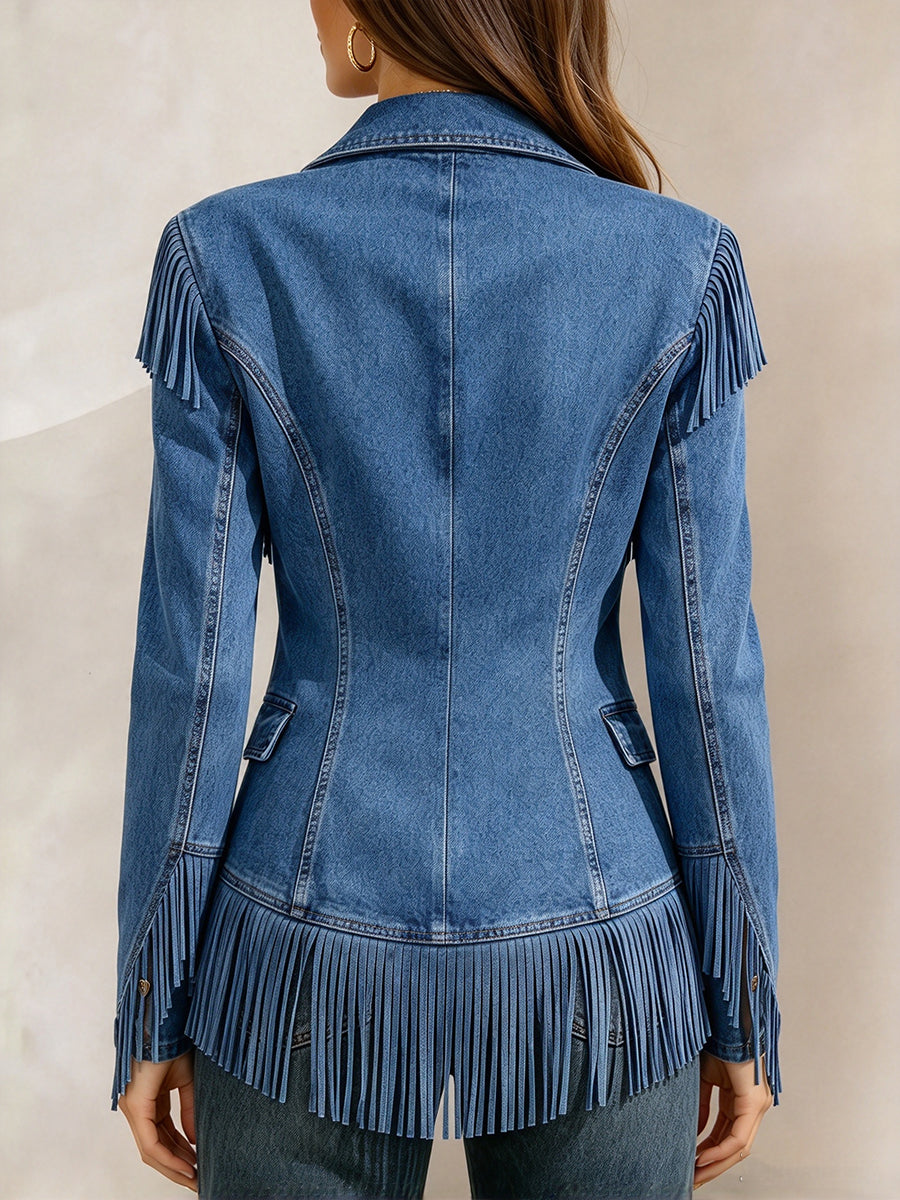 Fringed Statement Gold-Button Denim Jacket