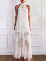 Stylish And Elegant White Lace Halter-neck Maxi Dress