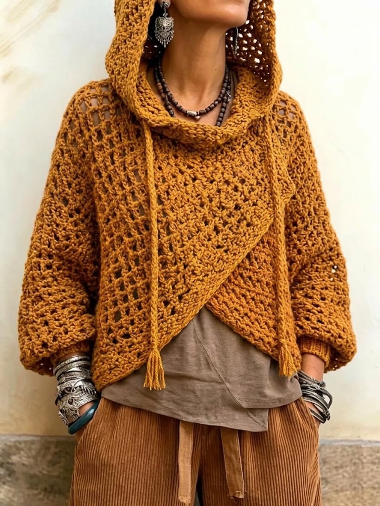 Bohemian Openwork Crochet Hooded Knit Cover-up With A Diagonal-front Design