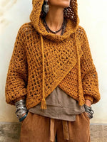 Bohemian Openwork Crochet Hooded Knit Cover-up With A Diagonal-front Design