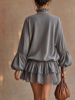 Women's Mock Neck Lantern Sleeve Tunic Top with Lace Patchwork Hem