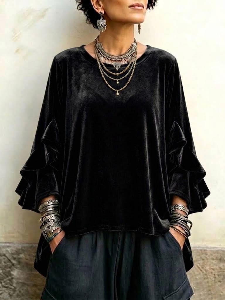 Velvet Ruffle-trim Flared-sleeve Crew-neck Top