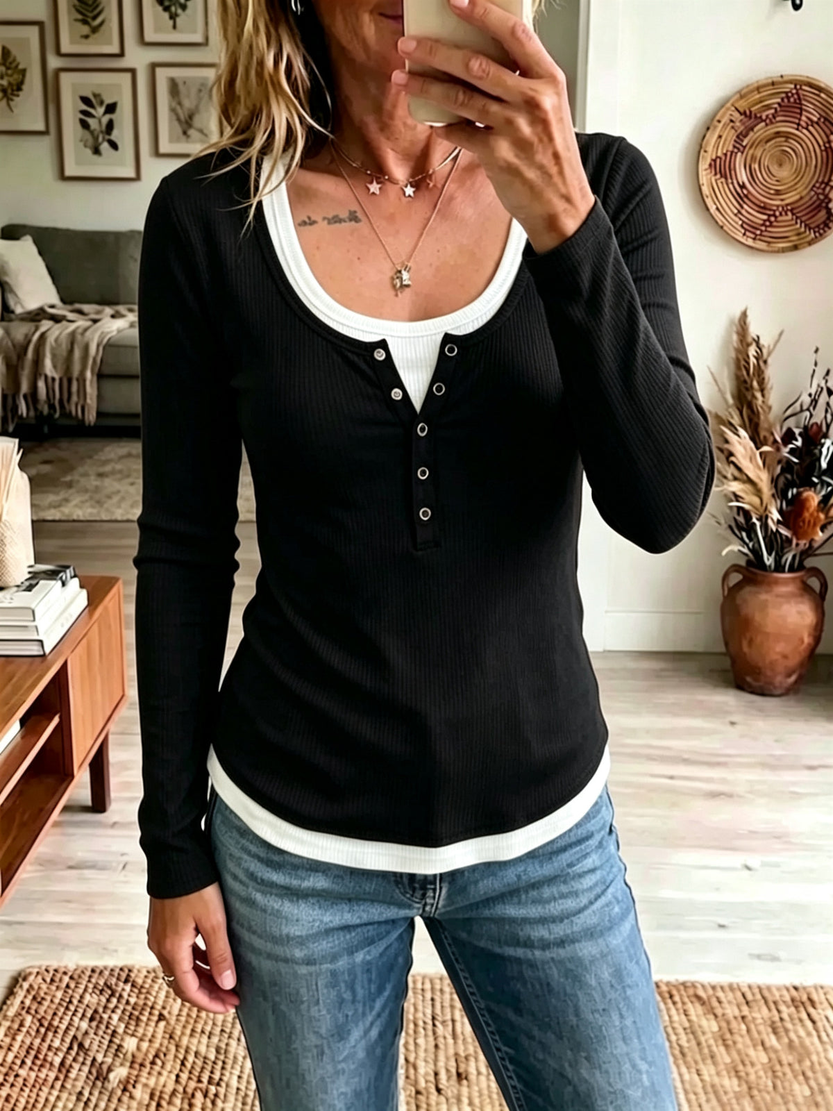 Chic Ribbed Knit Top Featuring A White Knit "faux-layered" Panel Design.