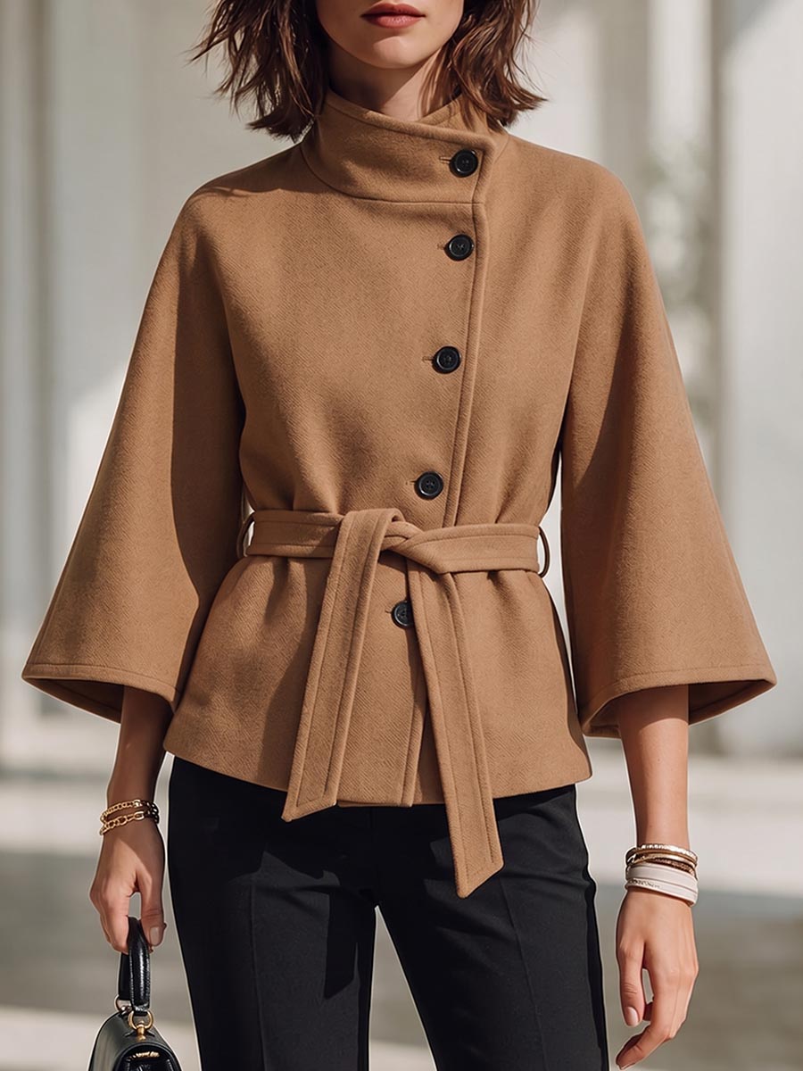 Women's Solid Color High-neck 3/4 Sleeve Casual Loose Tie-front Jacket