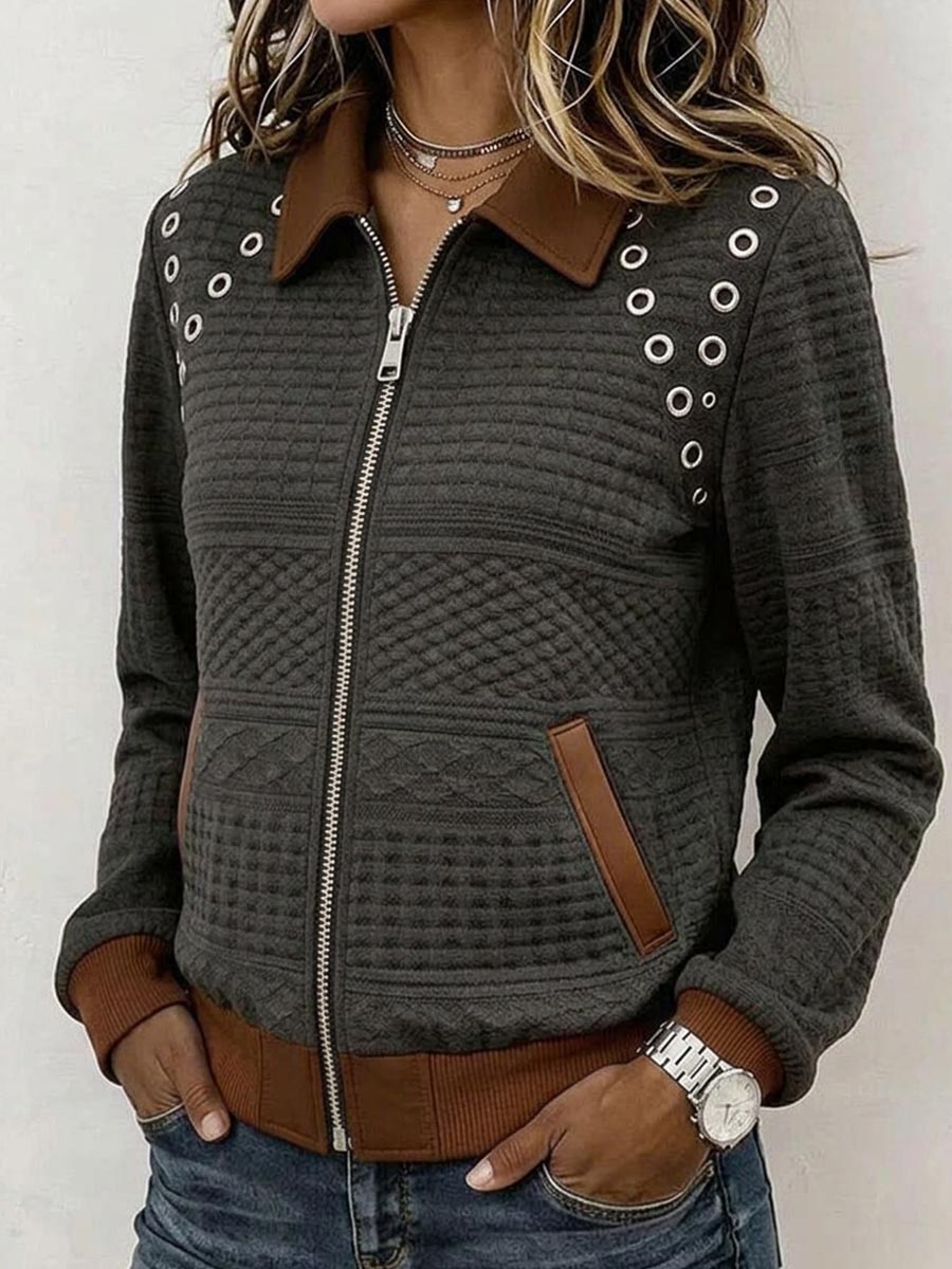 Women's Long-sleeve Casual Loose-fit Cardigan With Collar, Cut-outs, And Color-block Details
