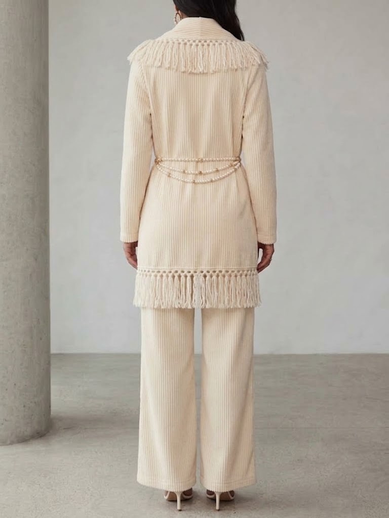 Two-piece Set Featuring A Mid-length Corduroy Jacket With A Fringed Lapel And Wide-leg Trousers