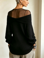 Elegant Sheer Mesh Neckline Black Ribbed Off-shoulder Sweater