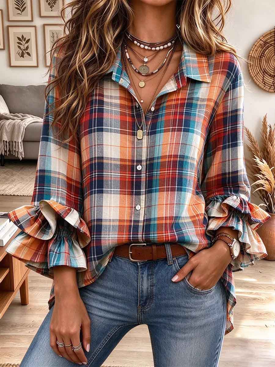 Women's Casual Plaid Button-down Shirt With Ruffled Bell Sleeves