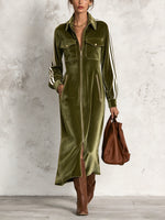 Casual Olive Green Velvet Zip-front Midi Dress