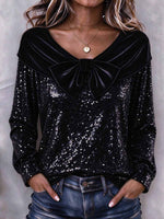 Women's Black Sequin V-neck Top With Velvet Bow
