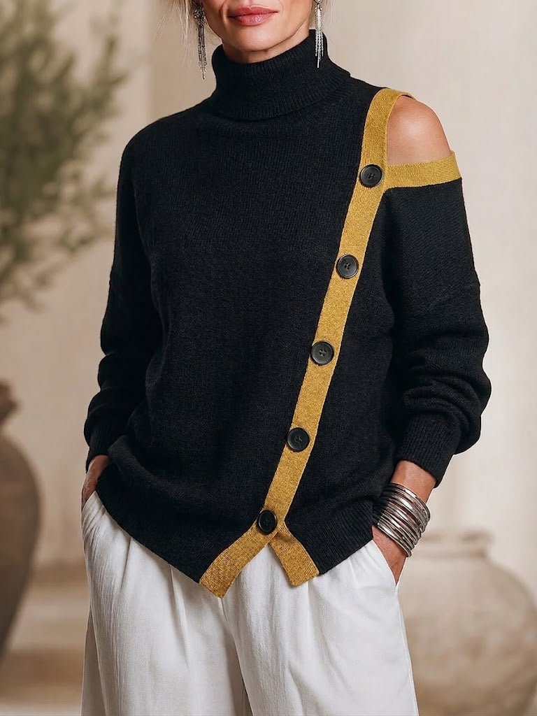 Chic Cut-out Color-block High-neck Knit Top