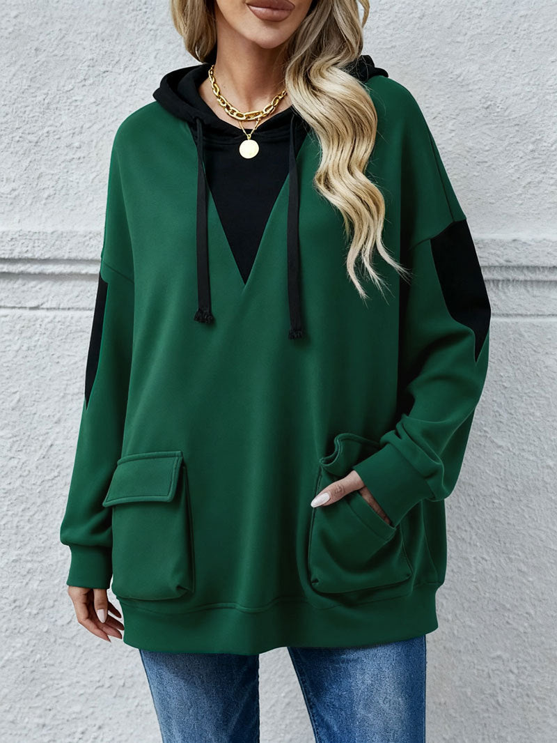Cozy Color-Blocked V-Neck Hooded Sweatshirt