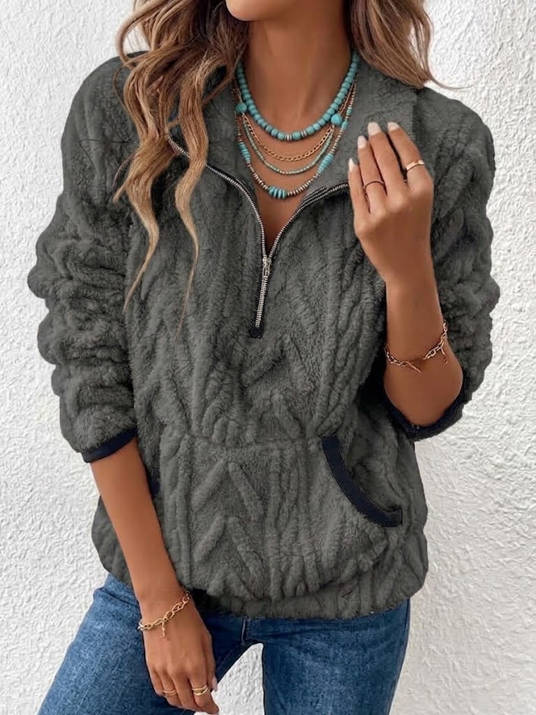 Half Zip Stand Collar Cable Fleece Long Sleeve Top