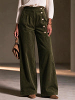 Women's High Waisted Corduroy Wide Leg Pants With Asymmetrical Buttons