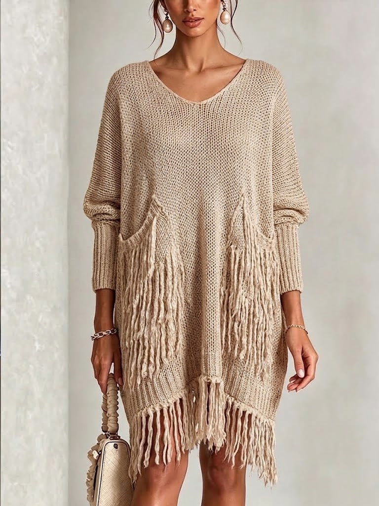 Bohemian V-neck Loose Knit Dress With Pockets And Tassels