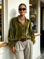 Chic Ruffle Collar Velvet Olive Blouse
