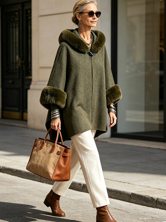 Cozy Fur-trimmed Hooded Poncho