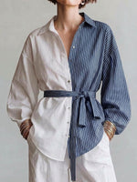 Women's Color-block Striped Print Shirt – Long-sleeve Relaxed Fit Lapel Collar, And Self-tie Waist
