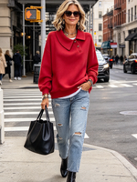 Casual Vibrant Red Fold-over Collar Sweatshirt