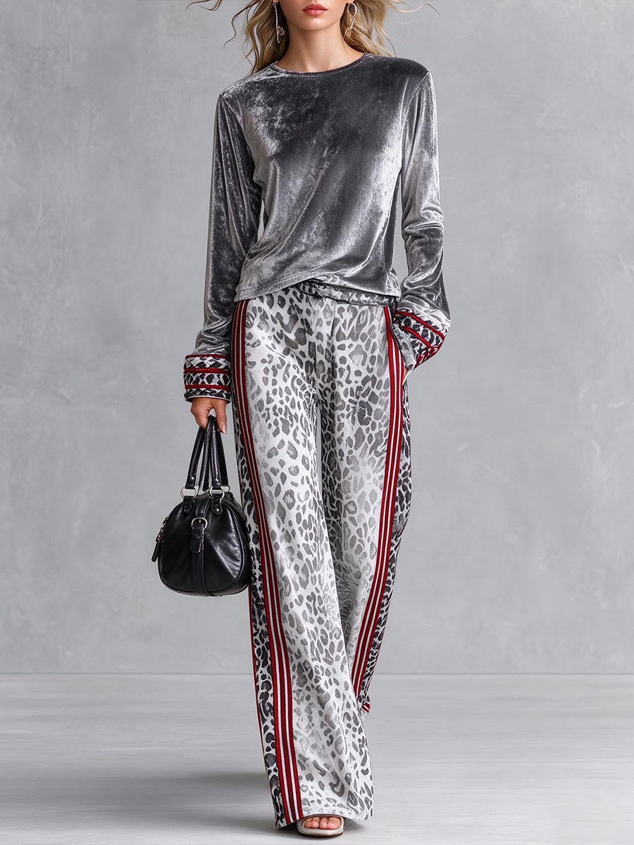 Women's Leopard Print Wide Leg Pants With Red Side Stripes