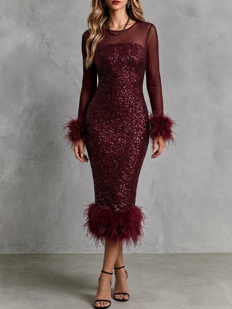 Sequin And Mesh Midi Dress With Feather Trim And Bodycon Fit