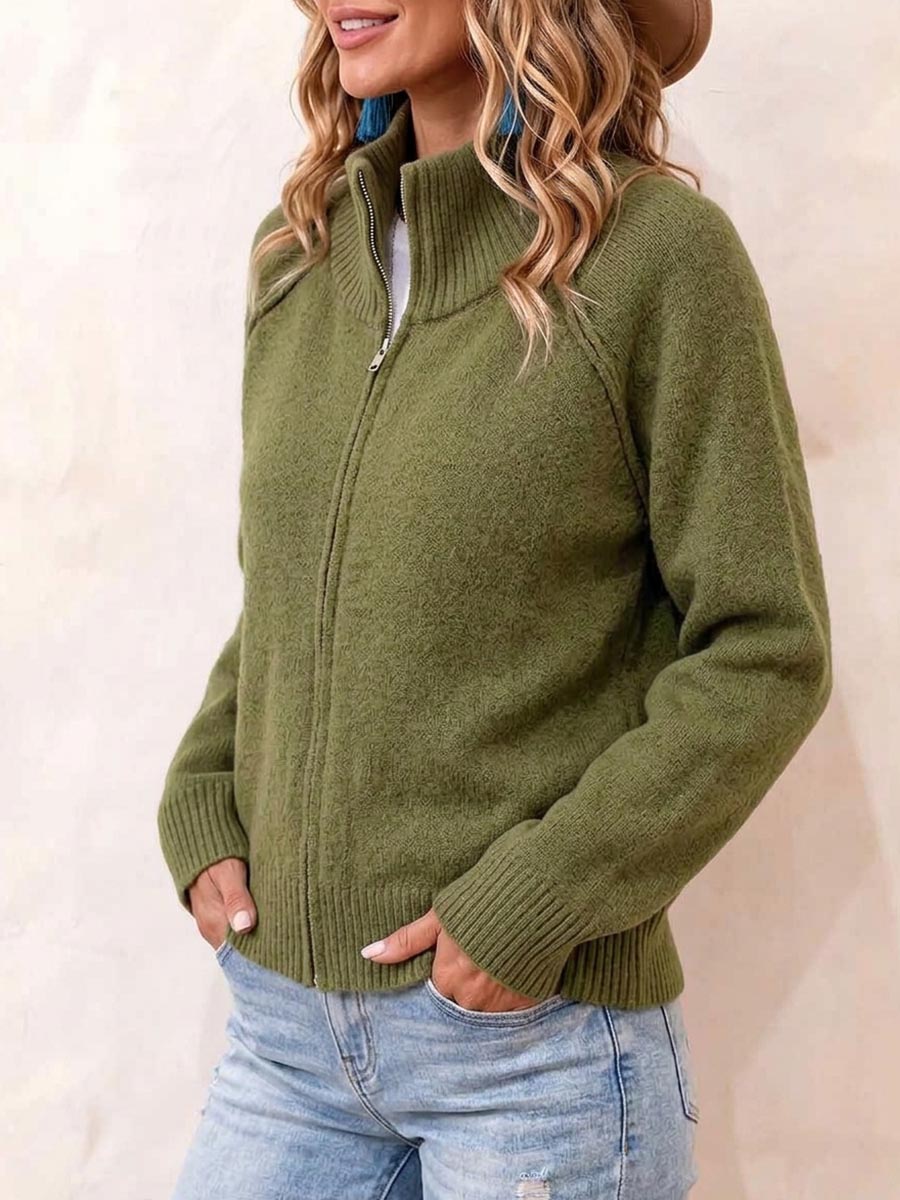Women's Solid-color Stand-collar Long-sleeve Loose-fit Knit Cardigan