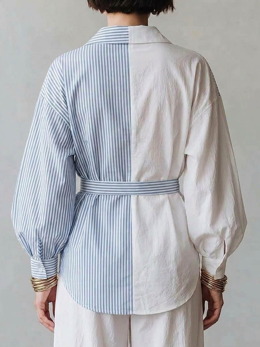 Women's Color-block Striped Print Shirt – Long-sleeve Relaxed Fit Lapel Collar, And Self-tie Waist