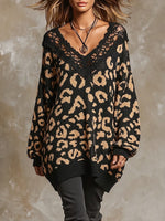 Bohemian-style Long Knit Sweater With Leopard Print And Lace Trim