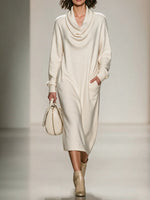 Chic, Elegant, Loose-fitting Midi Knit Dress With A Draped Collar.