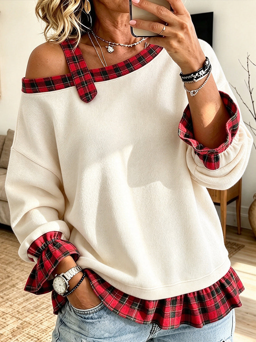 Casual Chic Plaid-paneled Off-shoulder Sweatshirt