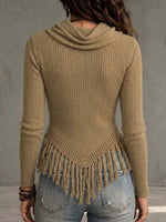 Women's Ribbed Knit Cowl Neck Fringed Asymmetrical Top