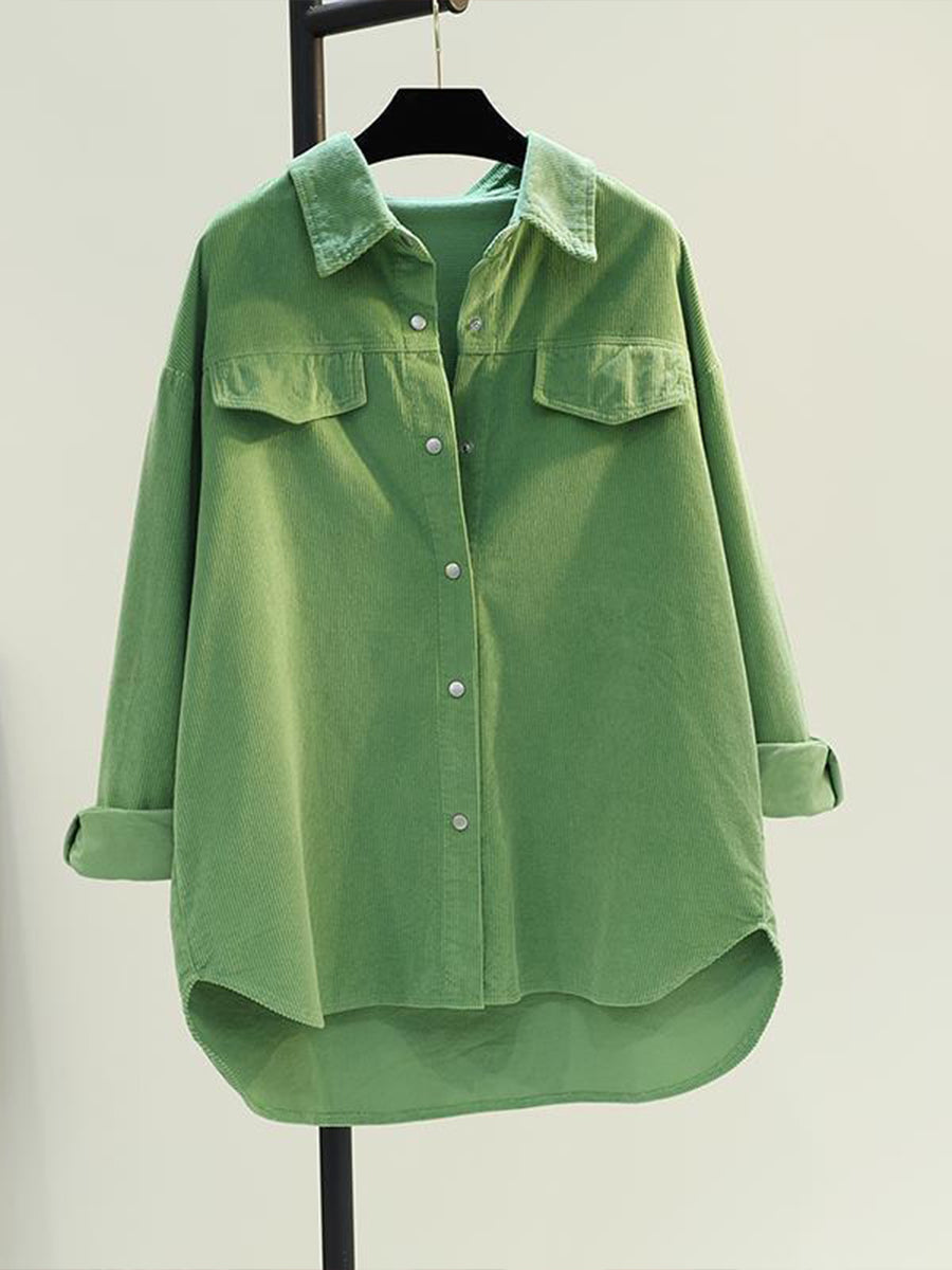 Casual Loose-fit Green Corduroy Shirt