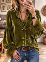 Women's Elegant Green Velvet Bow-Tie Blouse with Feather Cuffs