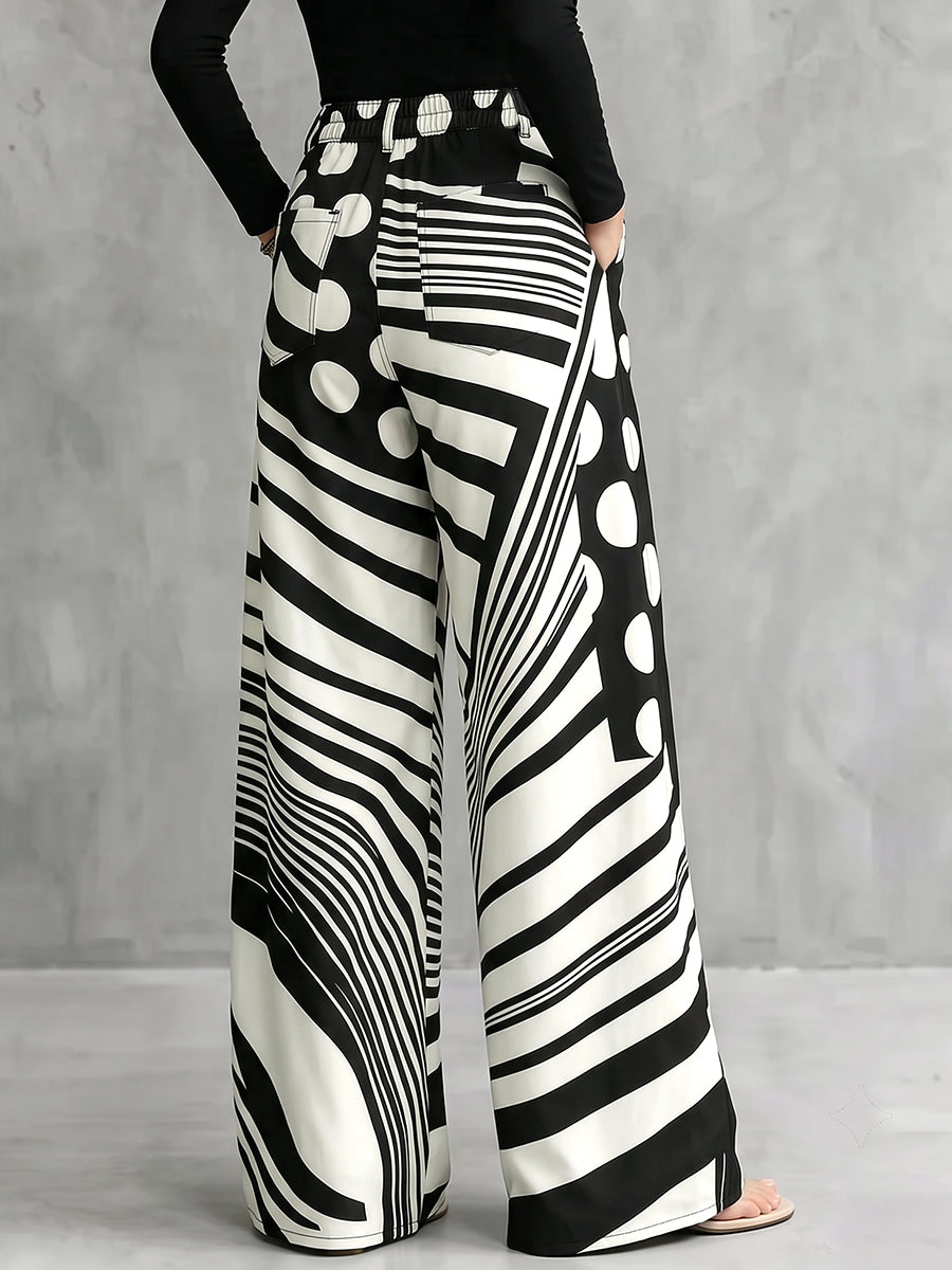 Chic Polka Dot & Striped Wide-Leg Denim Pants