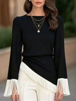 Boat Neck Contrast Tassel Asymmetric Hem Long Sleeve Blouse